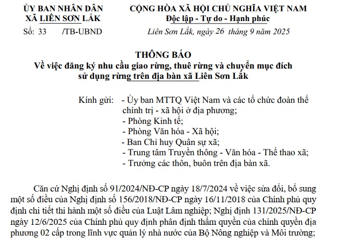 THÔNG BÁO V/v đăng ký nhu cầu giao rừng, thuê rừng và chuyển mục đích sử dụng rừng trên địa bàn xã Liên Sơn Lắk